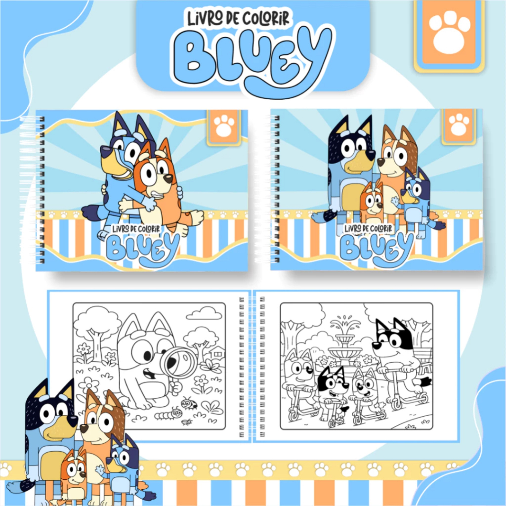 Livro de Colorir BLUEY Capa Dura - 50 Páginas - Caderno de Colorir Bluey