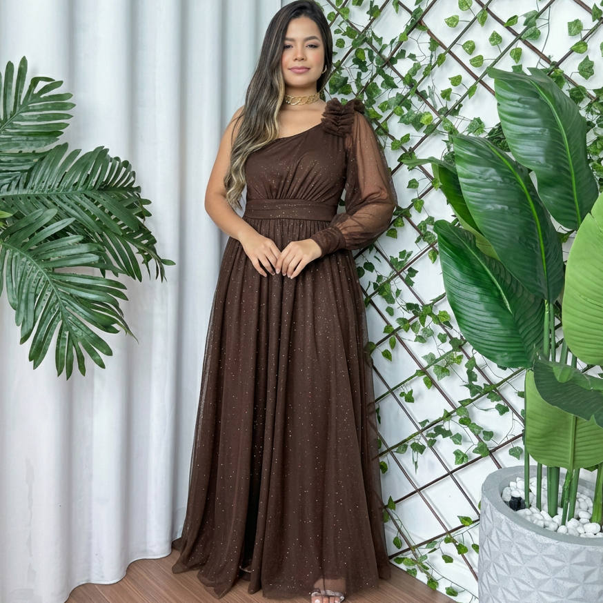 Vestido feminino longo com Fenda Ombro Único Manga Tule Brilho Madrinha Casamento festa Formatura