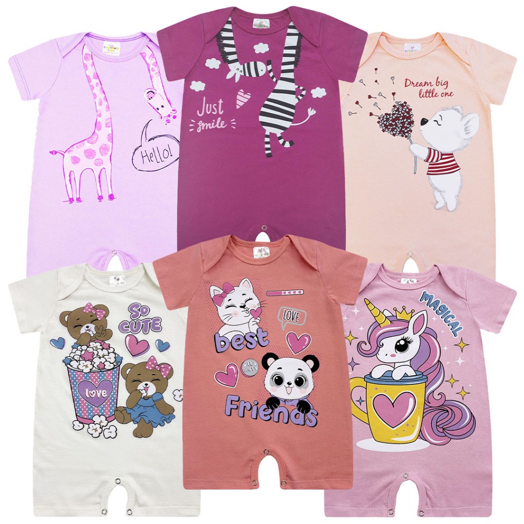 KIT 4 Peças Macacão curto Cores Sortidas Menina, Romper infantil bebê menina, banho de sol verão, P ao GG.