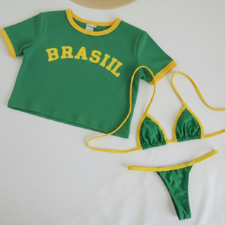 Conjunto Blusa feminina Cropped + Biquíni Brasil Moda Praia Verão Blogueira Alta Qualidade em Oferta na Shopee