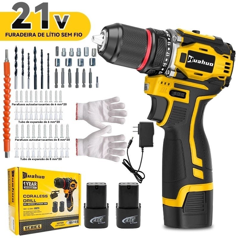 110V/220V Furadeira Parafusadeira 21v 2 Baterias em caixae de papelão e acessórios em Oferta na Shopee