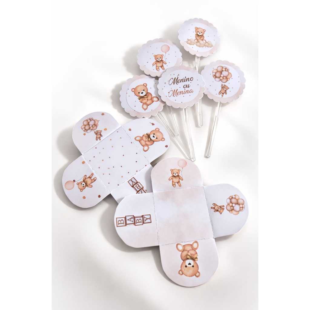 Forminha para docinho + topo para docinho/cupcake personalizado Chá Revelação Ursinho neutro