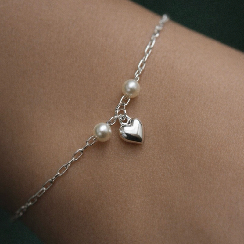 Pulseira Pérolas com Coração em Prata 925 Feminina