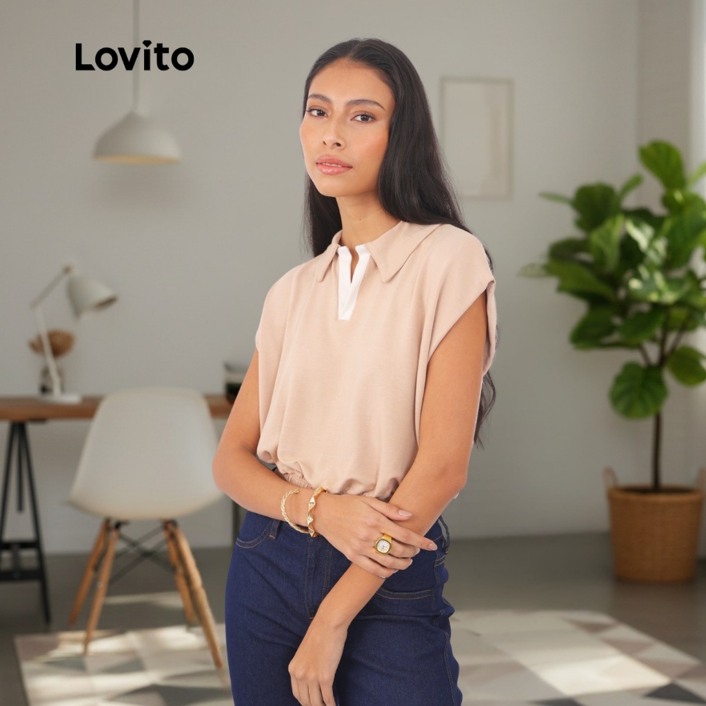 Lovito Polo Com Vista Manga Curta Casual Moda Lisa Feminina LB891BRL921 em Oferta na Shopee