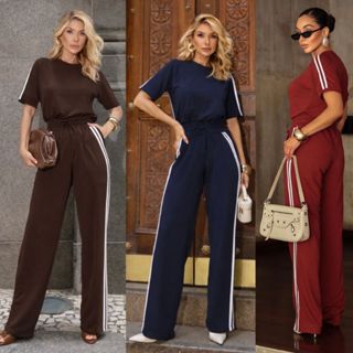 Conjunto Feminino Moletinho Premium Calça Cintura Alta Confortável e Blusa com listras Elegante em Oferta na Shopee