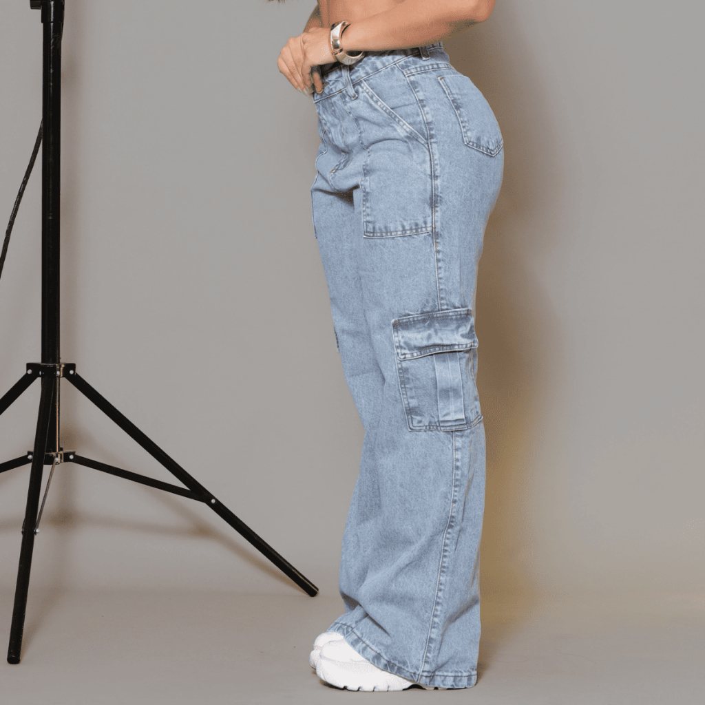 Calça Cargo Wide Leg Jeans Cintura Alta Pantalona Marmorizada Bolso Carpinteiro 100% Algodão com 6 Bolsos Funcionais. em Oferta na Shopee