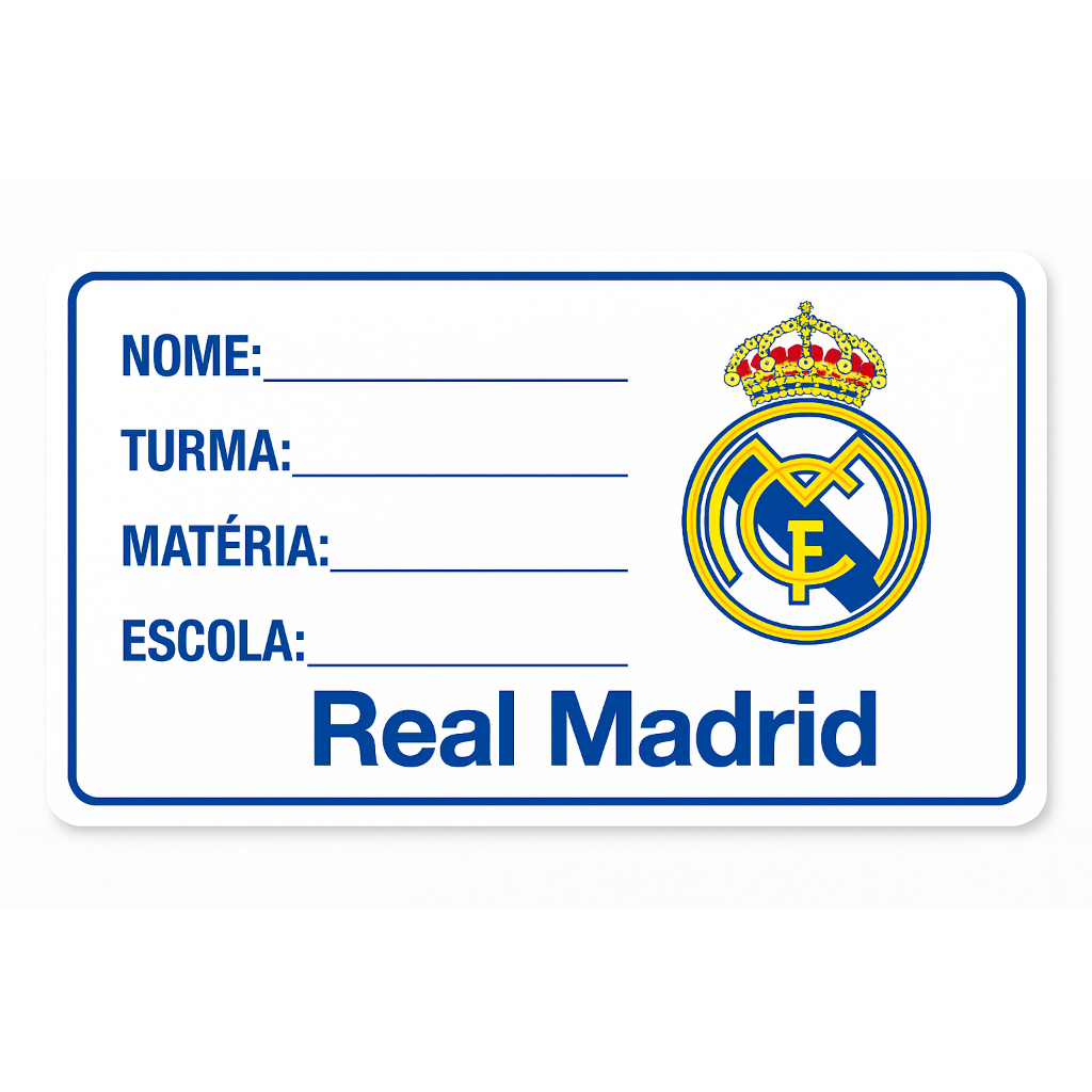 20 ETIQUETAS ESCOLAR REAL MADRI 2026 KIT COM 20 ADESIVOS ESCOLAR DO REAL MADRI 9X5