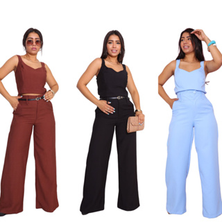 Conjunto femenino social alfaiataria-Marrant Calça Pantalona  + Cropped lindo blusinha de alça qualidade premium em Oferta na Shopee
