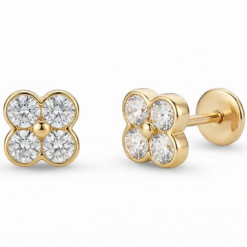 Brinco Baby Trevo Zircônia Folheado a Ouro
