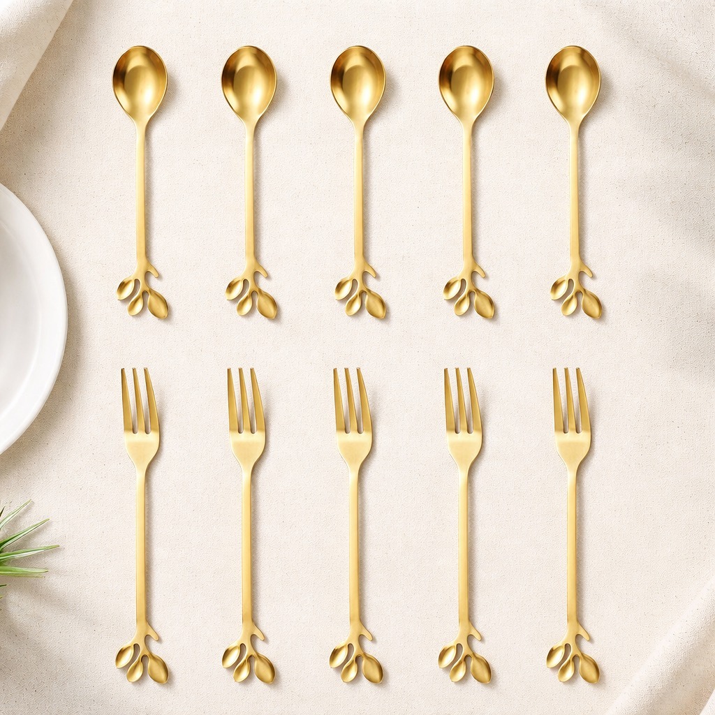 Kit Garfo e Colher Luxo 10 Peças Aço Inox Dourado ou Prateado | Talheres Decorativos Mesa Posta