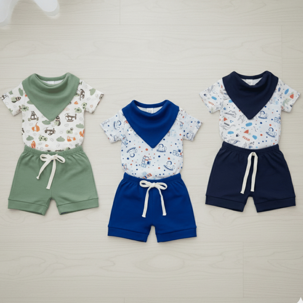 Kit 3 Conjuntos Bebe Verão Menino Short Body E Babador Recém Nascido Estampas Variadas Sortidas em Oferta na Shopee
