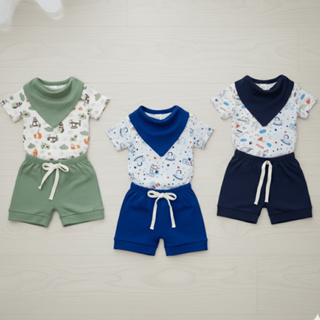 Kit 3 Conjuntos Bebe Verão Menino Short Body E Babador Recém Nascido Estampas Variadas Sortidas em Oferta na Shopee