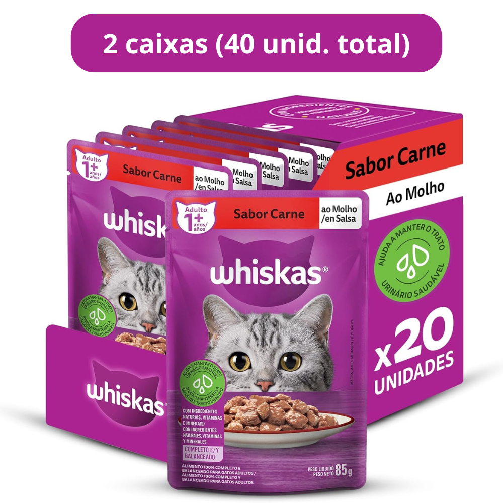 Kit Ração Úmida Carne ao Molho para Gatos Adultos 40 Unidades Whiskas Sachê