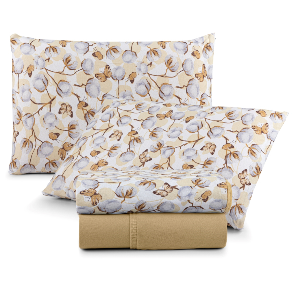 Jogo de Lençol Casal 4 Peças Malha 100% Algodão Roupa de Cama Com Elástico Antialérgico Estampado