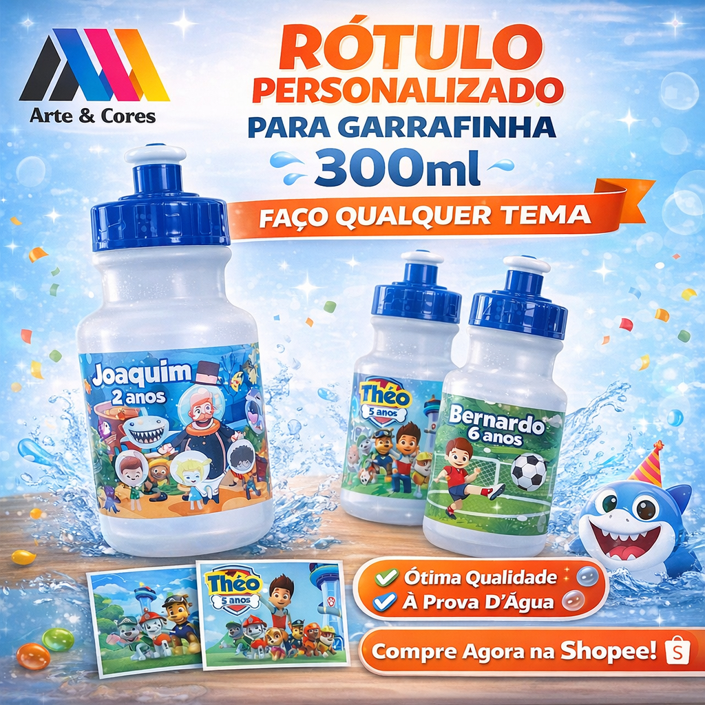 Rótulo Adesivo Personalizado Garrafinha 300ml Vinel À Prova D'água Lembrancinha aniversário Festa Infantil