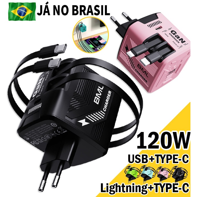 Carregador De iPhone e Samsung Fonte com Cabo Carregamento Rápido 110Cm PD 120w Carregador De Parede