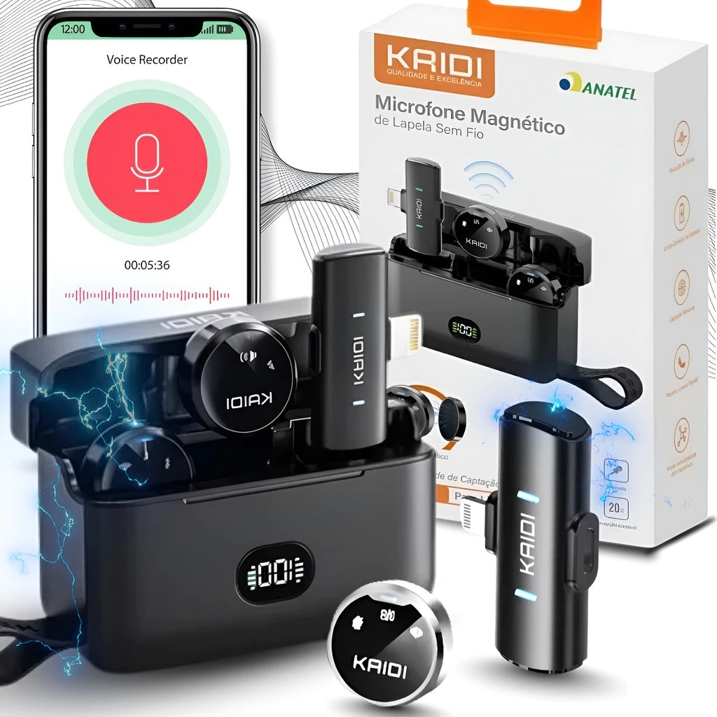 Microfone de Lapela Profissional Kaidi P4 Sem Fio Redondo Magnético Para Tipo C ou Iphone