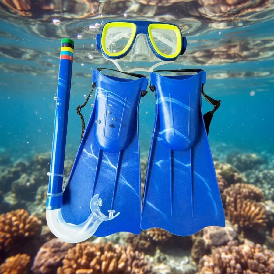 Kit Mergulho Completo Infantil Máscara Snorkel Pé De Pato Óculos Nadadeira Natação