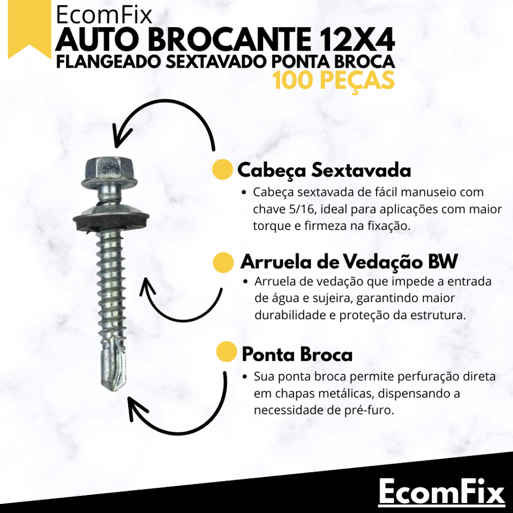 Detalhes do Parafuso Para Telha Auto Brocante Sextavado 5,5x100mm (12x4) 100 Peças - BELENUS