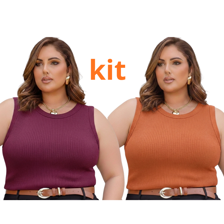 2 Regatas  Femininas Plus Size Caneladas com Elastano Não Transparente