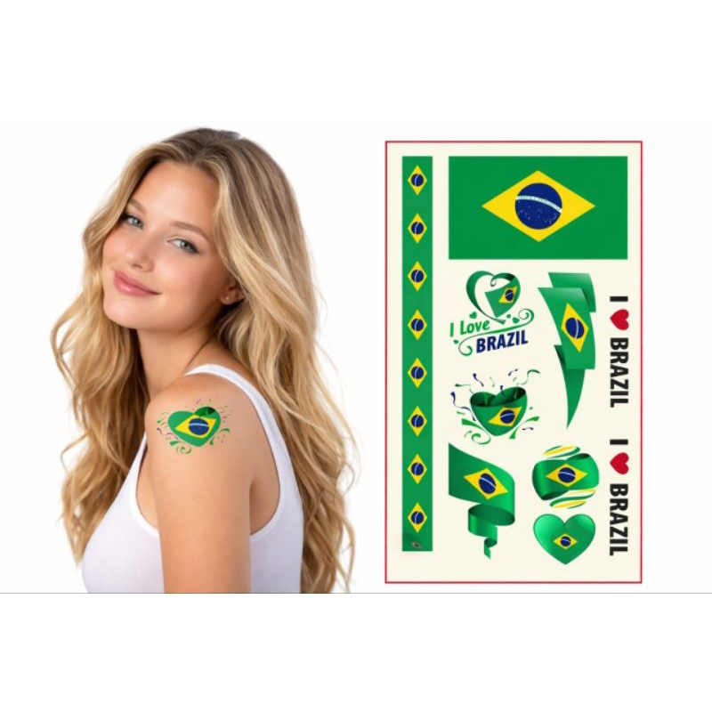 Tatuagem Brasil Copa do Mundo Bandeira Seleção Brasileira Adesivo Temporário Rosto Futebol Torcida Festa