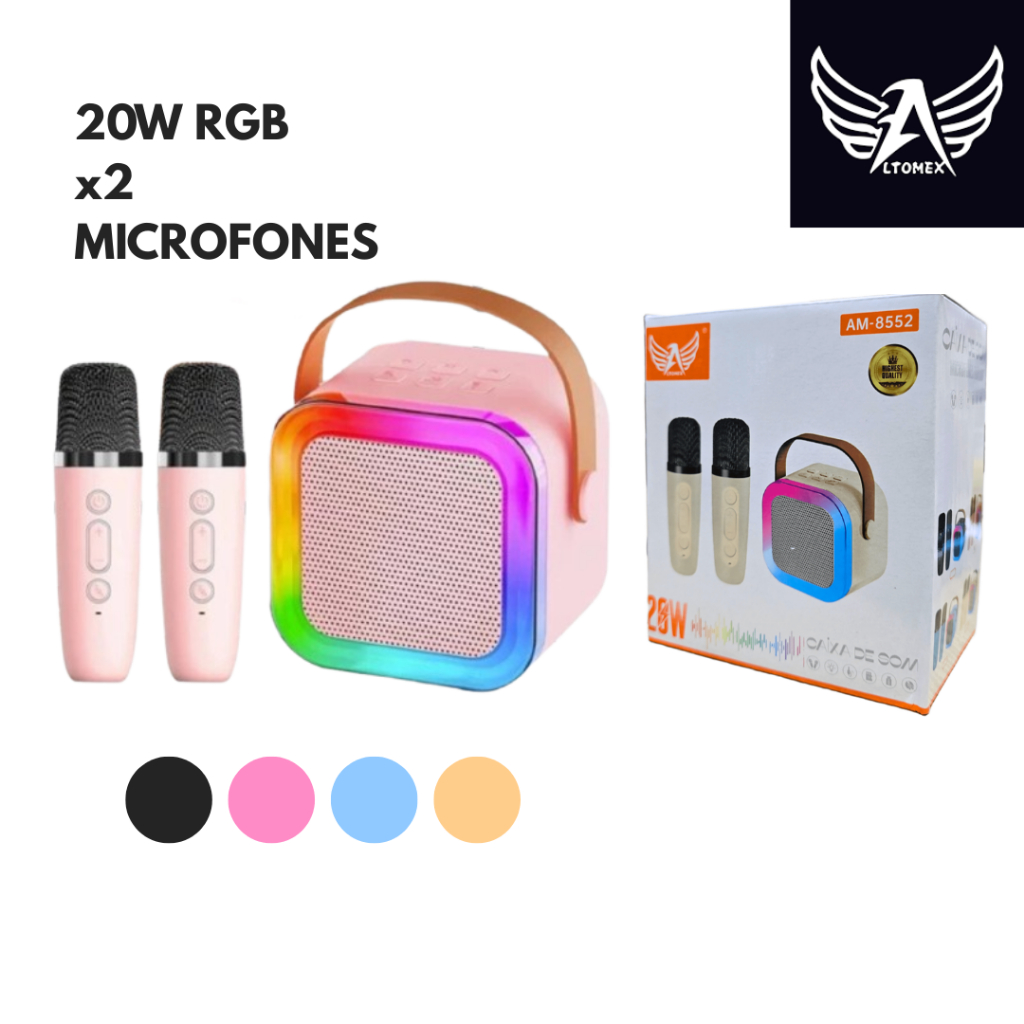 Caixa de Som com Microfone Duplo Bluetooth Portátil RGB Karaokê 20W Infantil Diversão