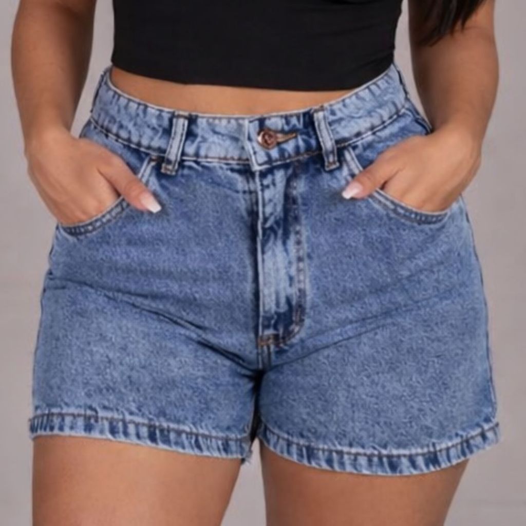 Shorts Jeans Feminino Moda Verão gringa Bermuda Cintura Alta Azul com bolsos Blogueira Promoção