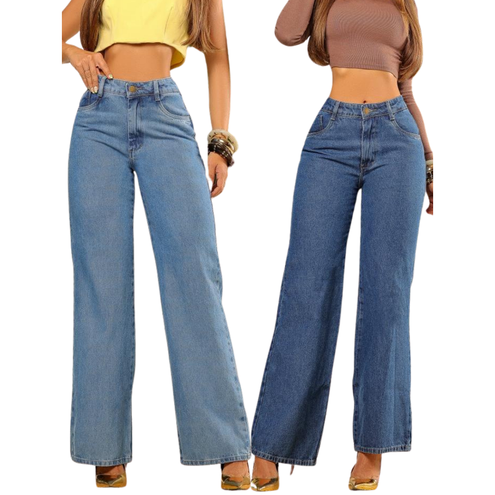 kit 2 Calças Wide Leg Jeans Feminina Pantalona Cintura Alta 100% Algodão Aumenta Bumbum Confortavél