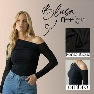 Blusa feminina manga longa estilosa detalhe no ombro drapeado