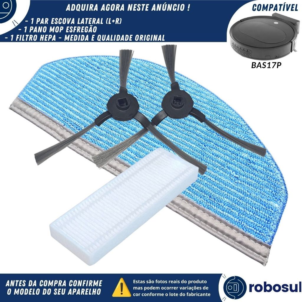 Par Escova Lateral Filtro Hepa Pano Mop Para Robô Aspirador COMPATÍVEL BRITANIA BAS17P