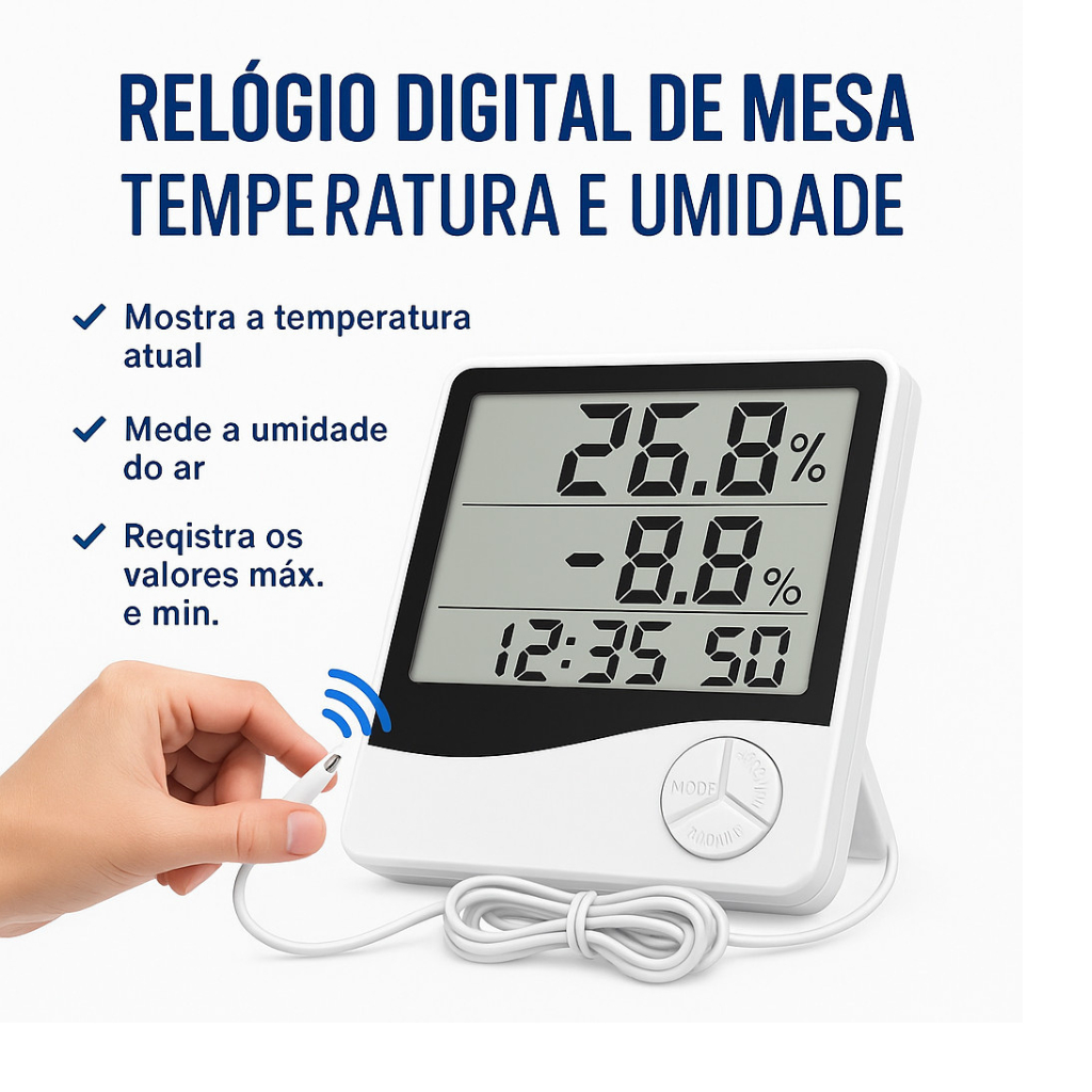 Medidor de Umidade e Temperatura Digital com Hora – Higrômetro Termômetro de Mesa