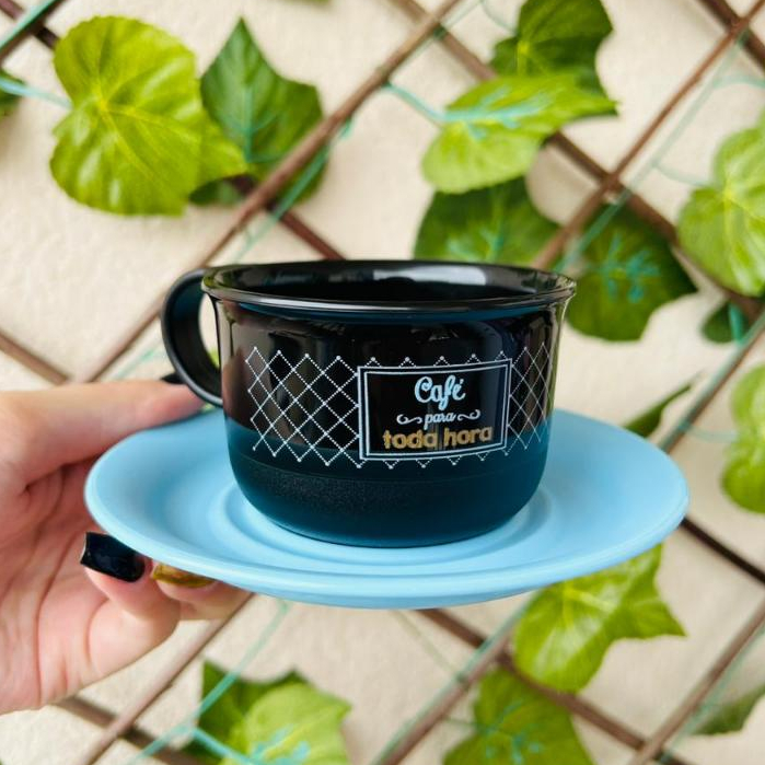 Tupperware Xícara Café 150 ml com Pires Linha Bistrô Preta Decorada Original Cozinha Organizada