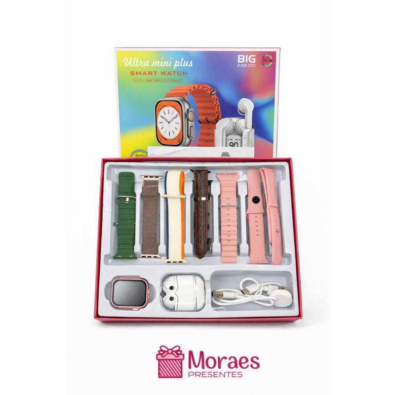 Smartwatch Ultra Mini Plus com tela 2.02”, pulseiras extras, fone de ouvido e carregamento wireless.