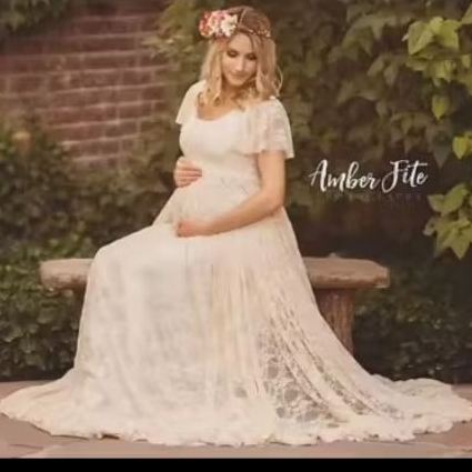 Vestido de Renda Mãe Princesa  Ensaio Gestante Cor Creme