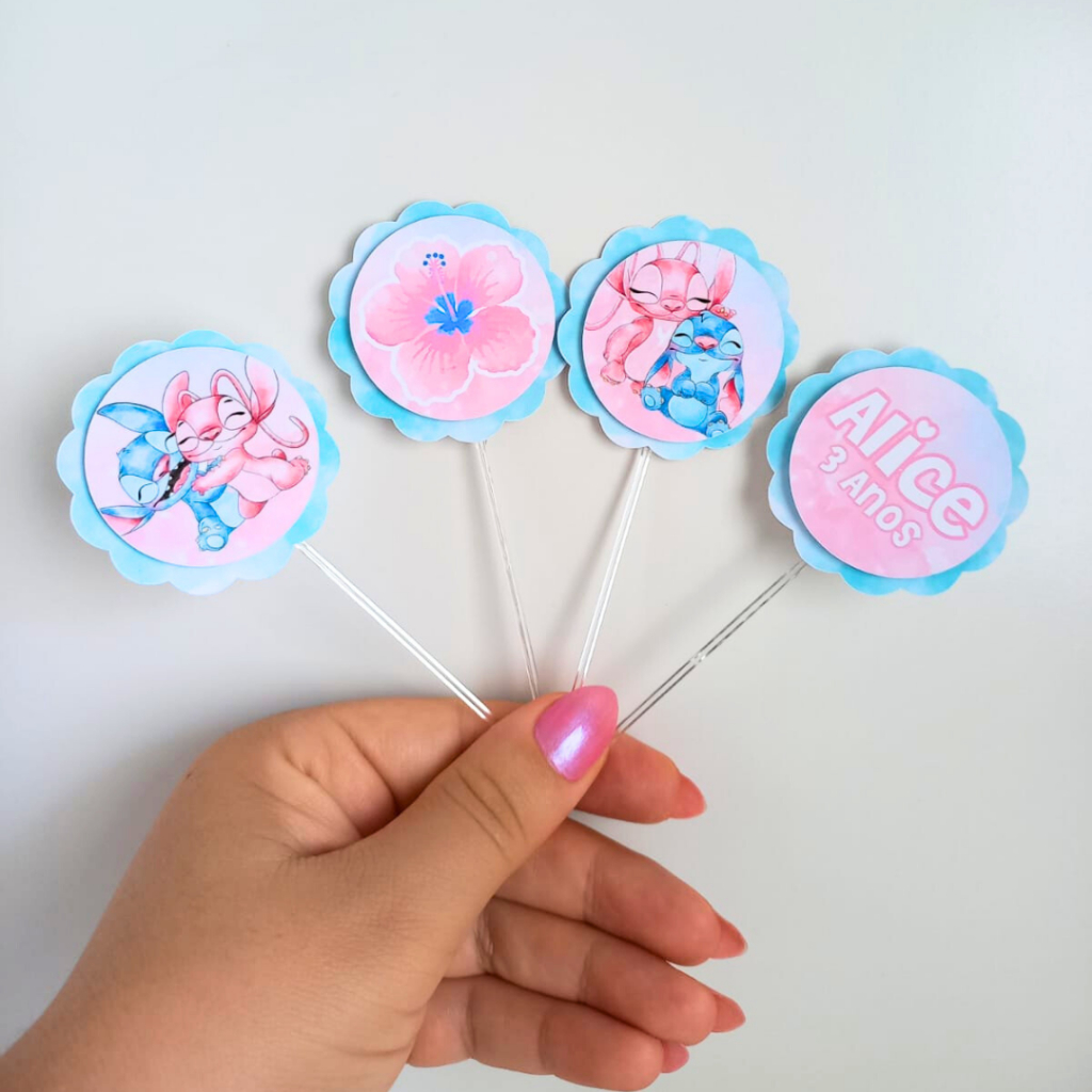 Topper de Doces ou Cupcake Stitch e Angel Menina 3D Personalizados /Lembrancinha de Festa /Aniversário / Festa Infantil