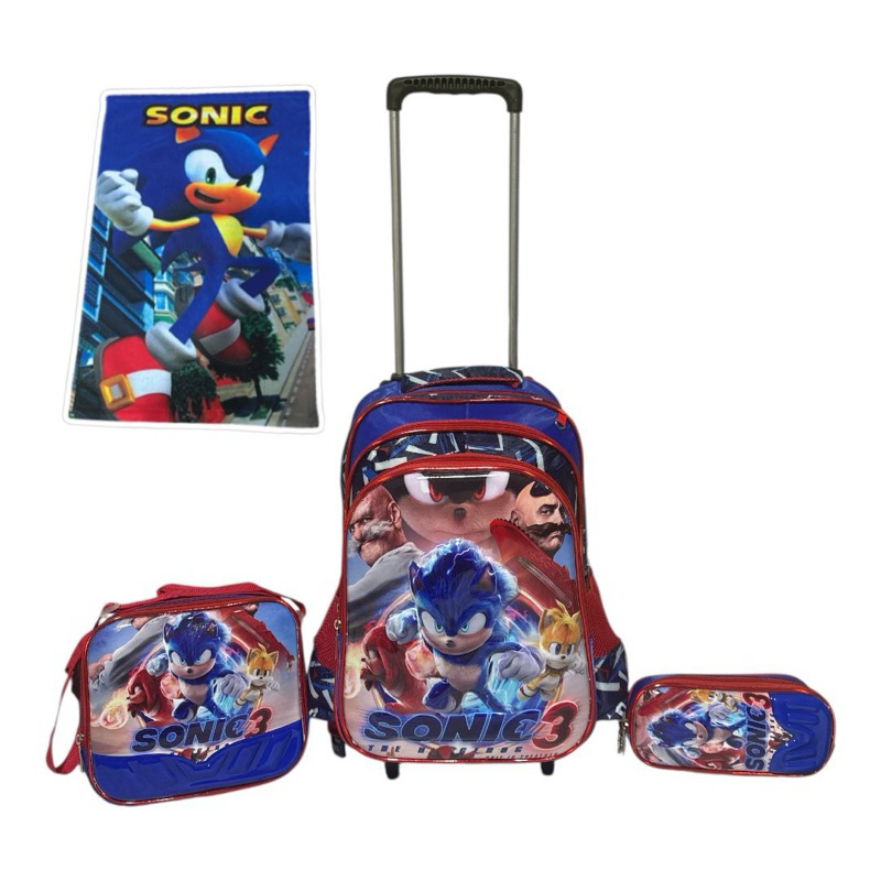 Mochila Sonic 3 com Rodinhas 3D + Kit Escolar Completo (Lancheira, Estojo e Toalha)