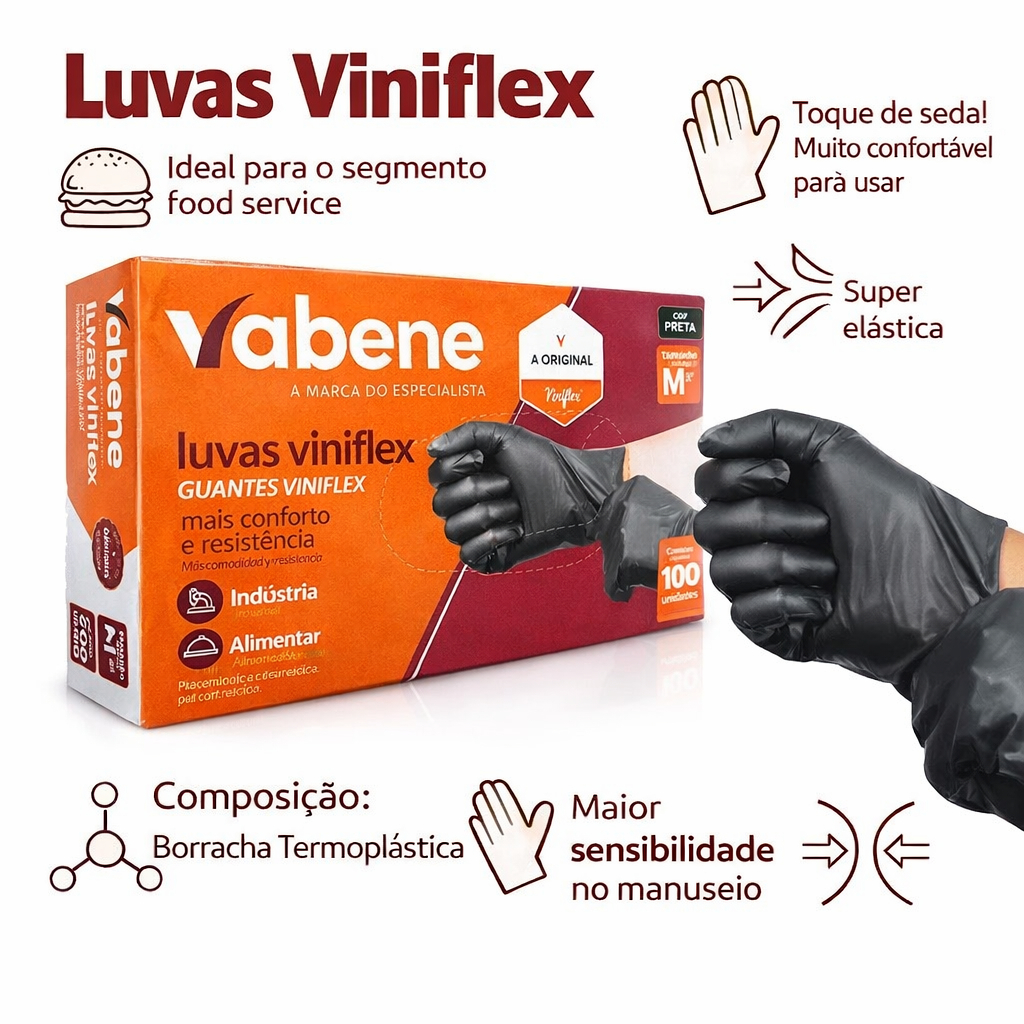 Luva preta viniflex sem pó TPE 100 Unidades | Alta Resistência Cuidado Limpeza Alimentos em Oferta na Shopee