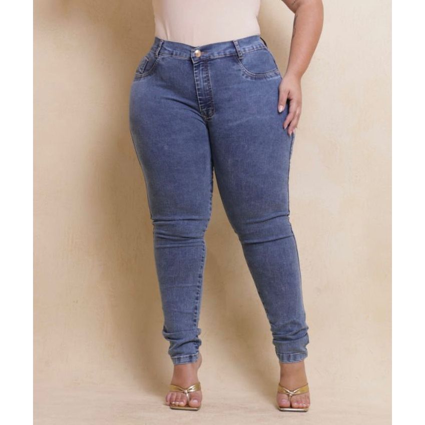 Calça Jeans Feminina Plus Size Skinny Com Lycra Cintura Alta Elastano Costura Reforçada