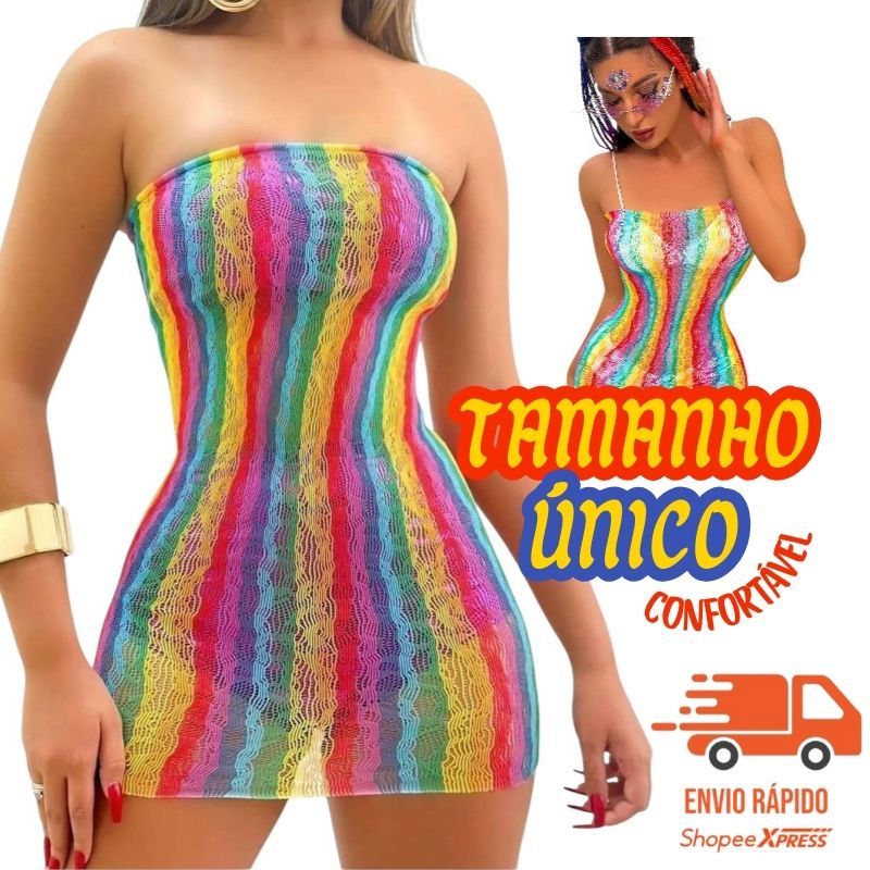 Vestido Arrastão Colorido Fashion Moda Feminina Sem Alça Carnaval Festas Tam. Único Veste P ao GG