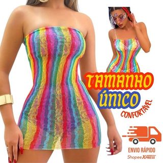 Vestido Arrastão Colorido Fashion Moda Feminina Sem Alça Carnaval Festas Tam. Único Veste P ao GG