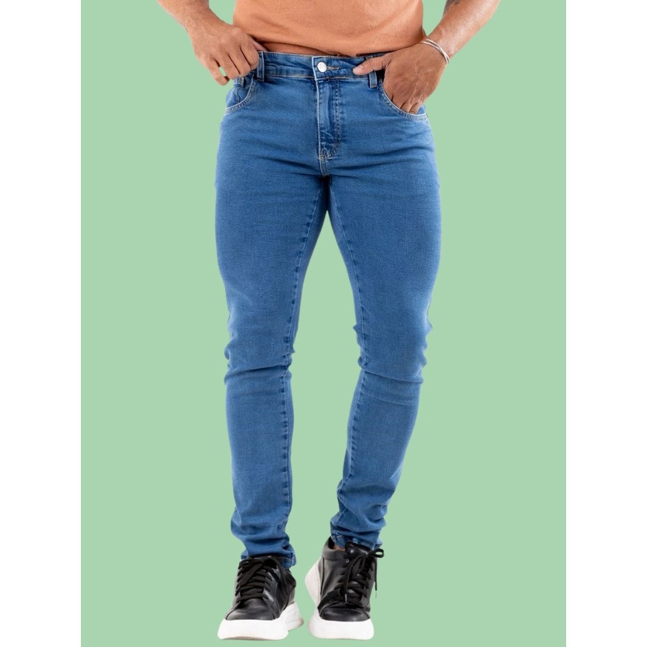 Calça Jeans Masculina Skinny Azul Claro  Com Elastano e Bolsos Funcionais E Costura Reforçada em Oferta na Shopee