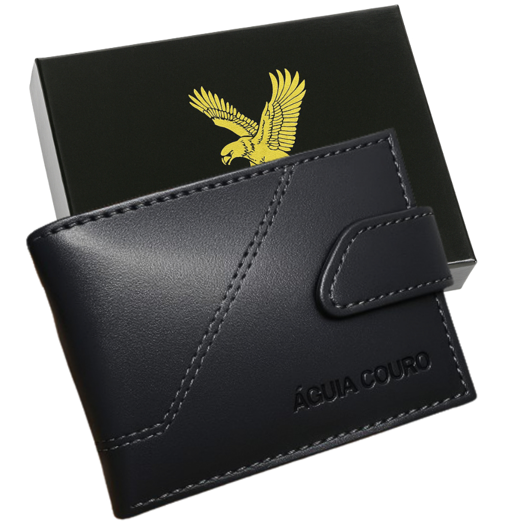 Carteira Masculina Couro Legítimo Águia Porta CNH Cartões e Moedas Compacta Com Fecho Preta