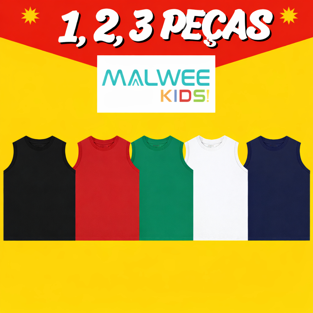 KIT 1-2-3 REGATAS MALWEE KIDS MENINO BÁSICA LISA ALGODÃO PREMIUM MALHA FRESCA VERÃO 4 AO 16