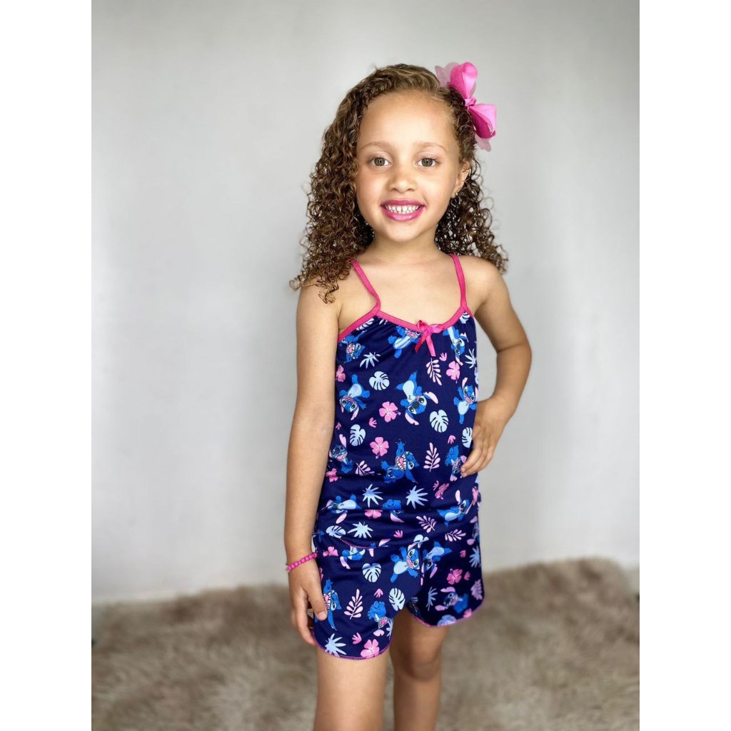 Kit 2 Conjuntos Pijama Verão Menina Baby Doll Short Doll Infantil Estampado Personagens Conjunto Pijamas