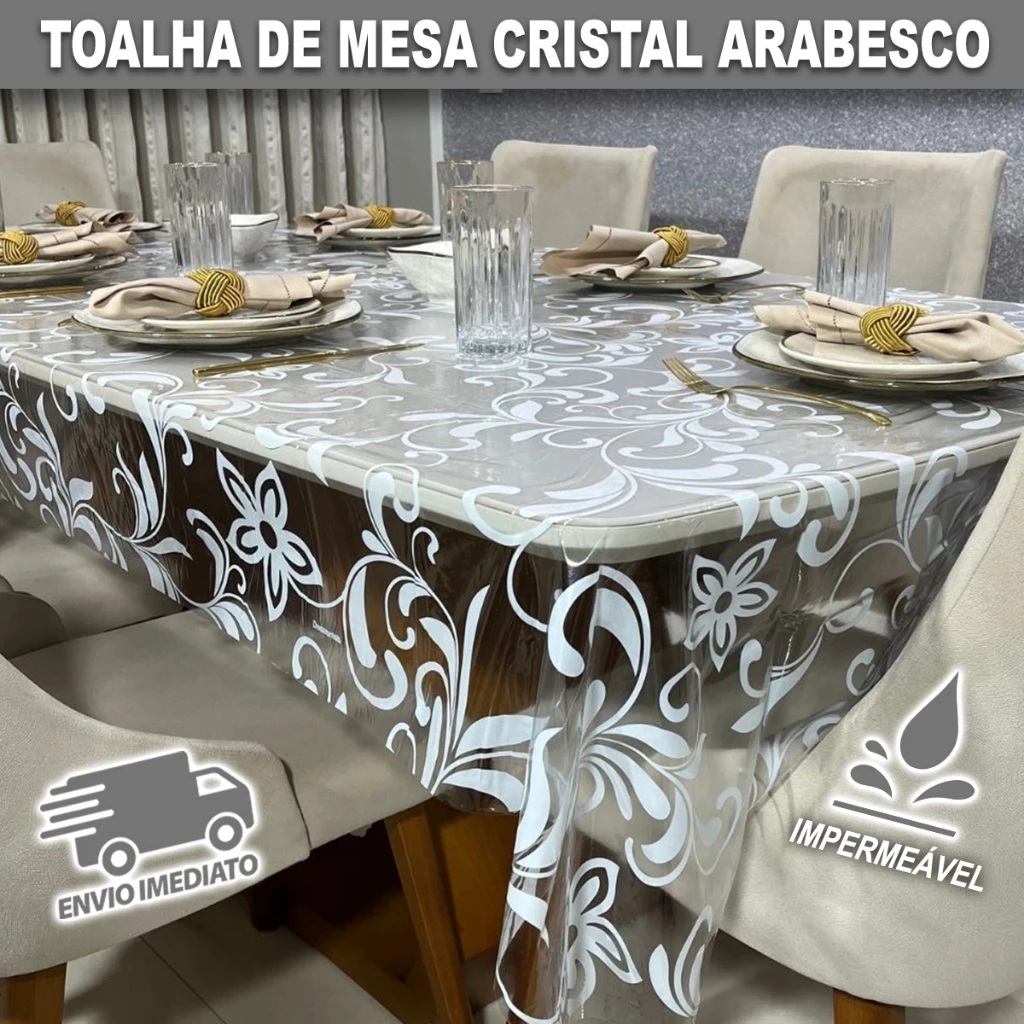 Toalha de Mesa de Plástico Cristal Arabesco Para 4 6 8 10 Lugares Decoração Cozinha