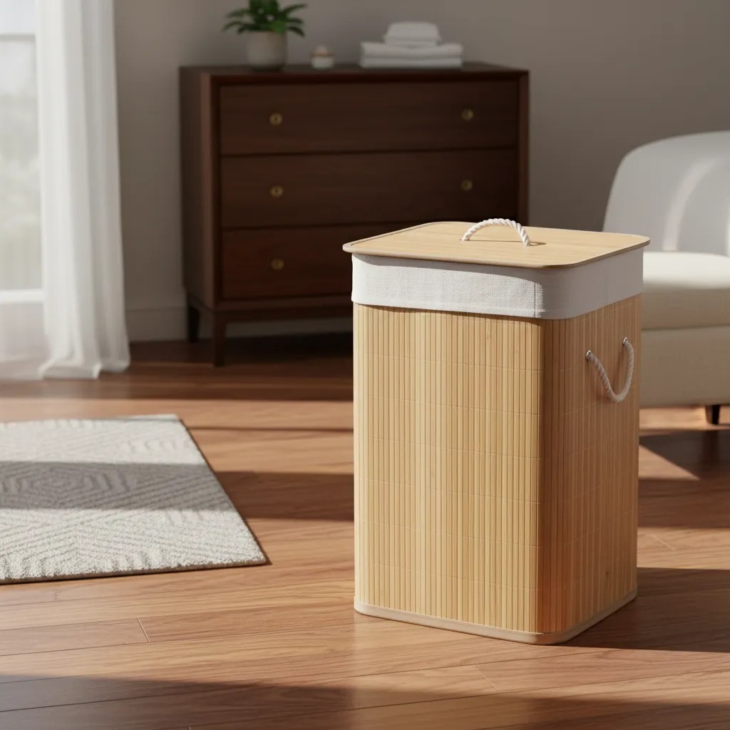 Cesto De Roupa Suja De Bambu 70 Litros Bege Liso Com Tampa E Alças