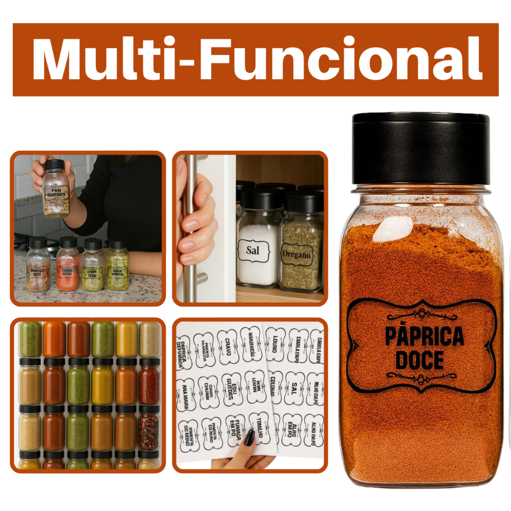 Kit 20 Potes de Tempero + Etiqueta Tampa Dosadora Dupla