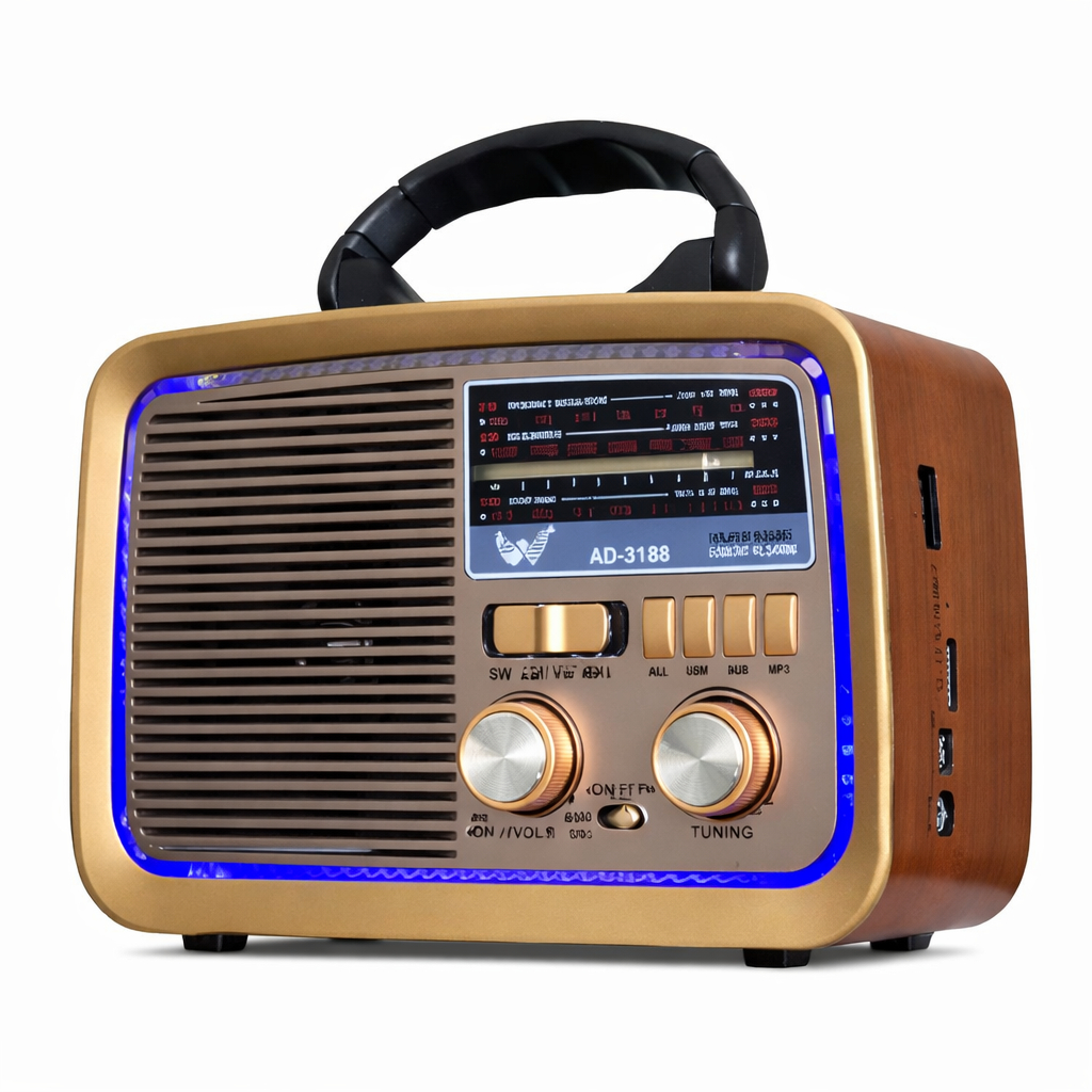 Radio Retro Portatil Bluetooth AM/FM/SW com USB TF AUX Lanterna Lateral Design Vintage com Iluminação LED Recarregavel
