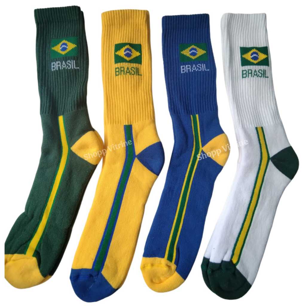 Meia Brasil Verde Branco Amarelo Azul Adulto Cano Longo Em Algodao