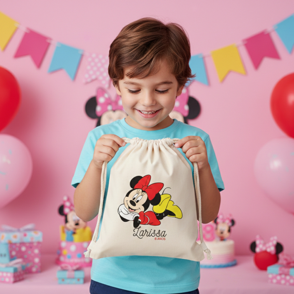 Saquinhos de Algodão Cru Tema Minnie Mouse | Lembrancinha Personalizada para Aniversário Infantil Festa Infantil Minnie